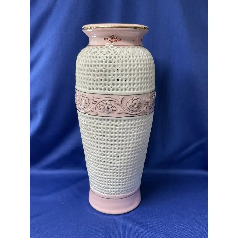 Unique Open Weave Pink and White Vase with Gold Trim